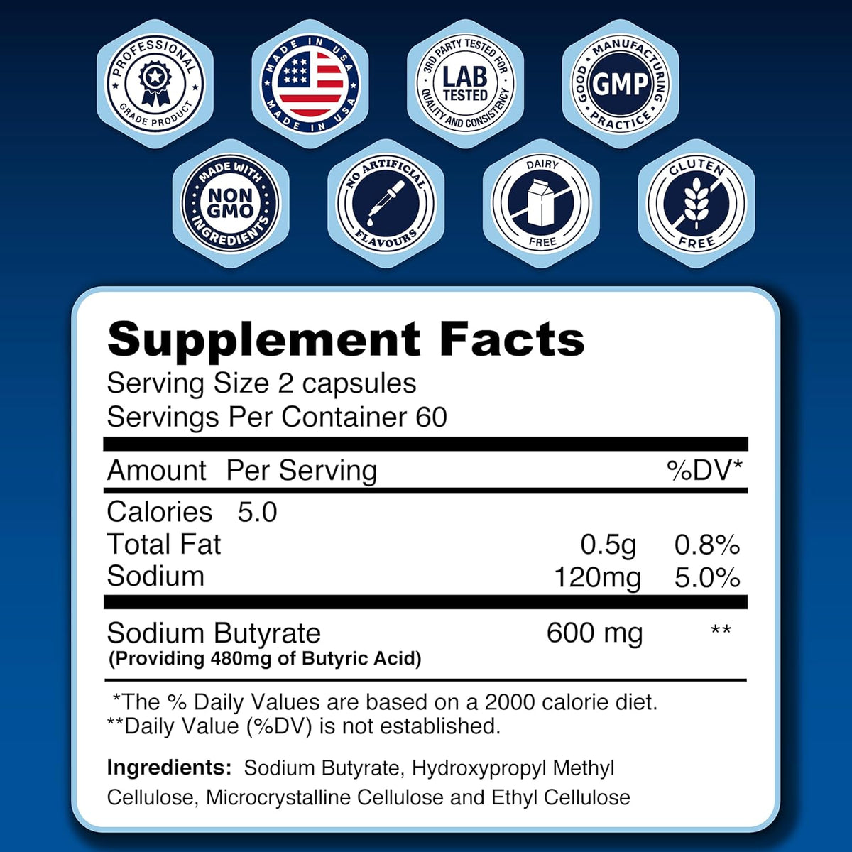 Sodium Butyrate Supplement | 120 Extended-Release Capsules | 300mg | Micro-Granule Formulation