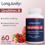 LongJuvity Urolithin A Supplement (500mg) – Mitochondrial Supplement for Healthy Aging – Pure, High-Potency Mitophagy Activator – Lab Tested Postbiotic (60 Capsules)