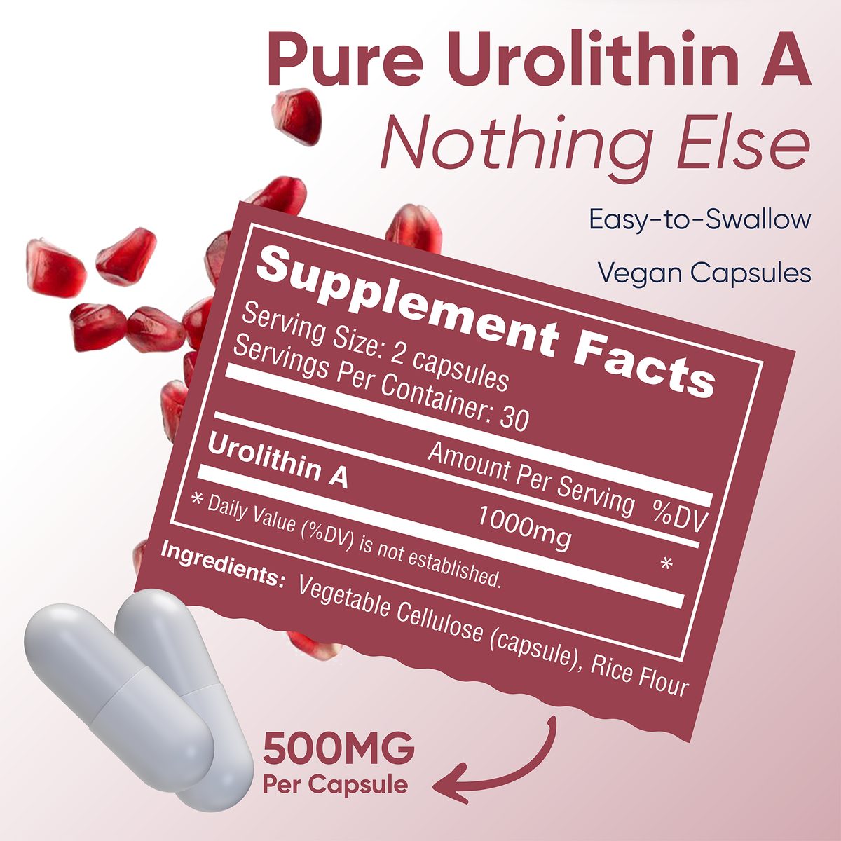 LongJuvity Urolithin A Supplement (500mg) – Mitochondrial Supplement for Healthy Aging – Pure, High-Potency Mitophagy Activator – Lab Tested Postbiotic (60 Capsules)