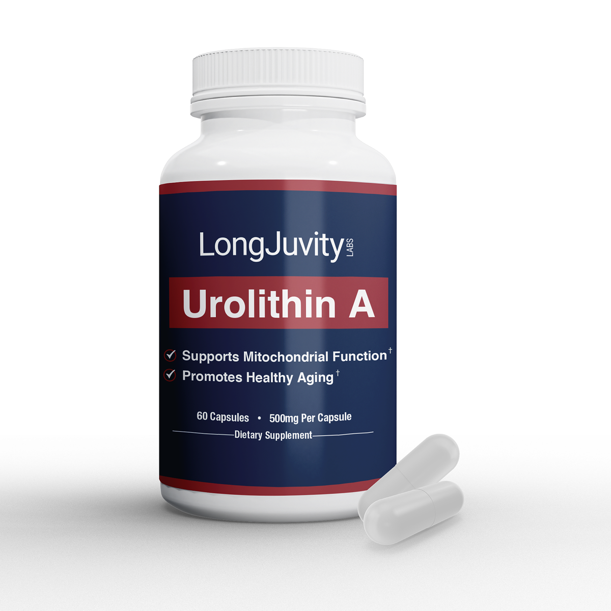 LongJuvity Urolithin A Supplement (500mg) – Mitochondrial Supplement for Healthy Aging – Pure, High-Potency Mitophagy Activator – Lab Tested Postbiotic (60 Capsules)