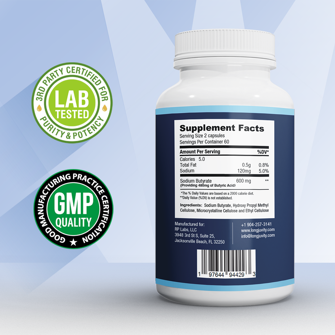 Sodium Butyrate Supplement | 120 Extended-Release Capsules | 300mg | Micro-Granule Formulation