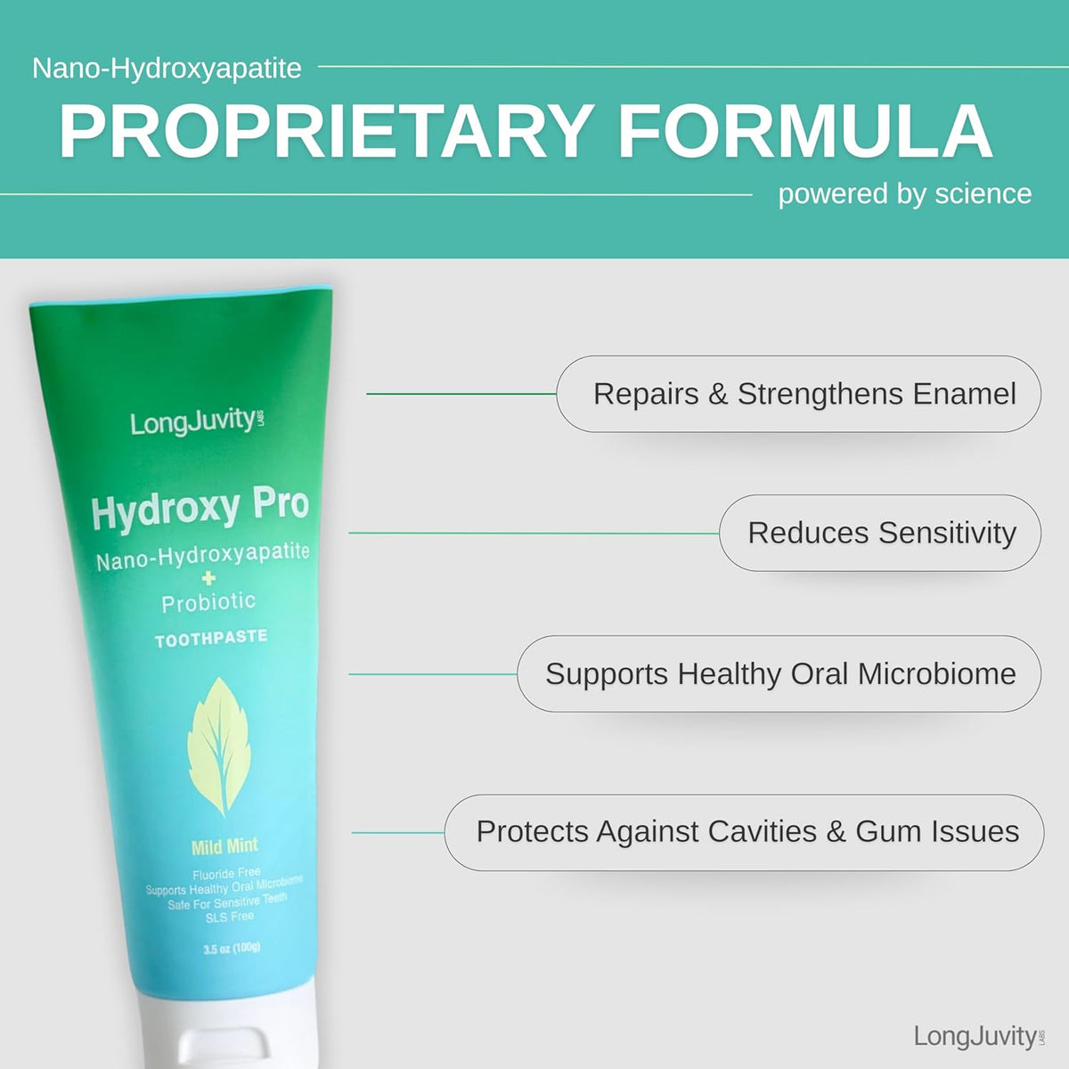 LongJuvity Hydroxy Pro Nano Hydroxyapatite + Probiotic Toothpaste - Fluoride Free